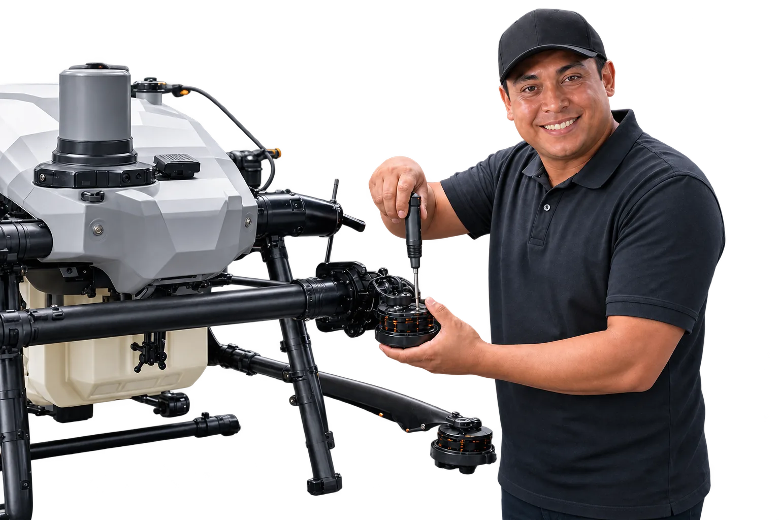 Técnico realizando mantenimiento a un dron agrícola AGRAS
