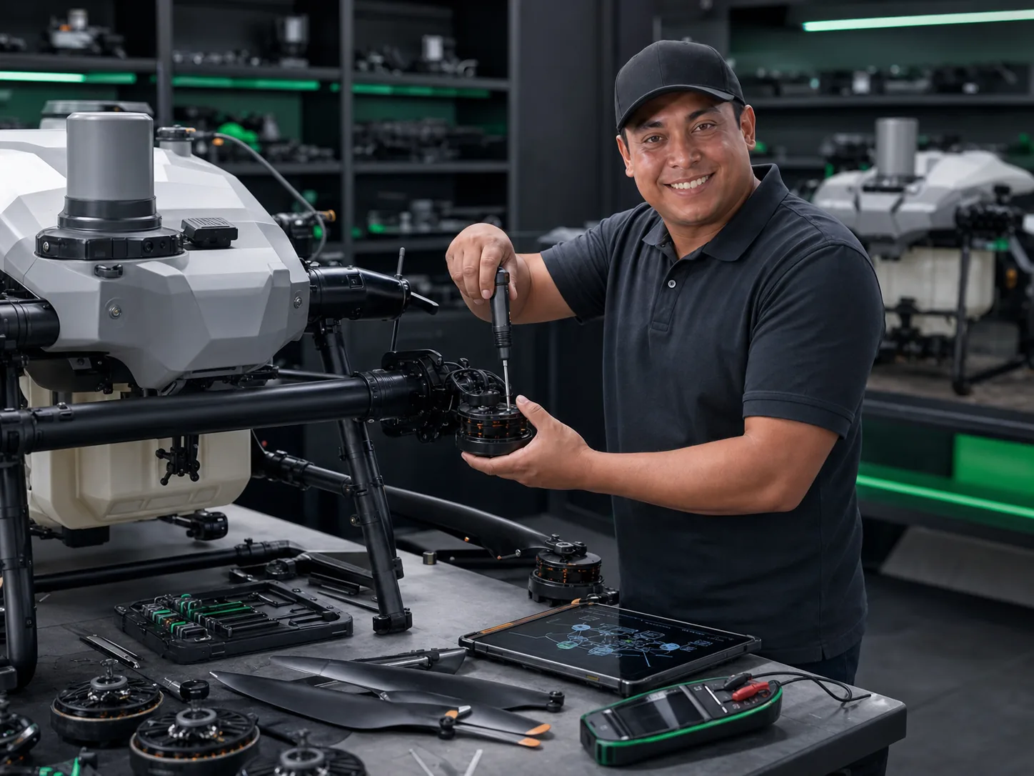 Técnico realizando mantenimiento a un dron agrícola AGRAS