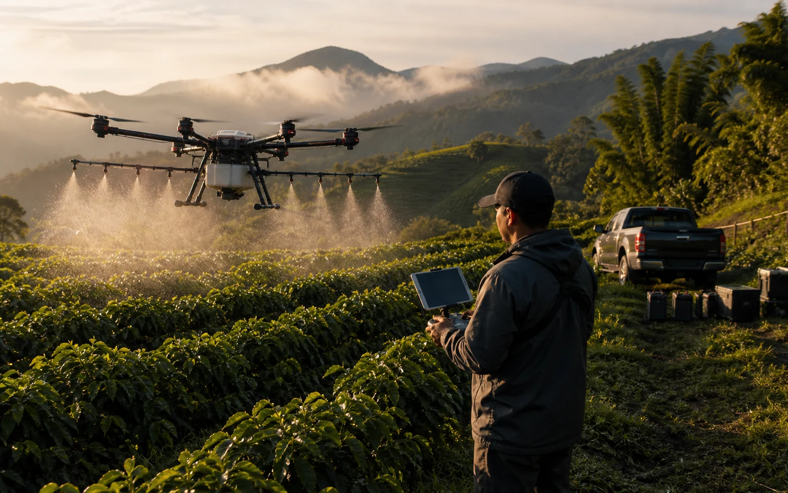 Operador profesional realizando una aplicación con dron agrícola en un cultivo colombiano
