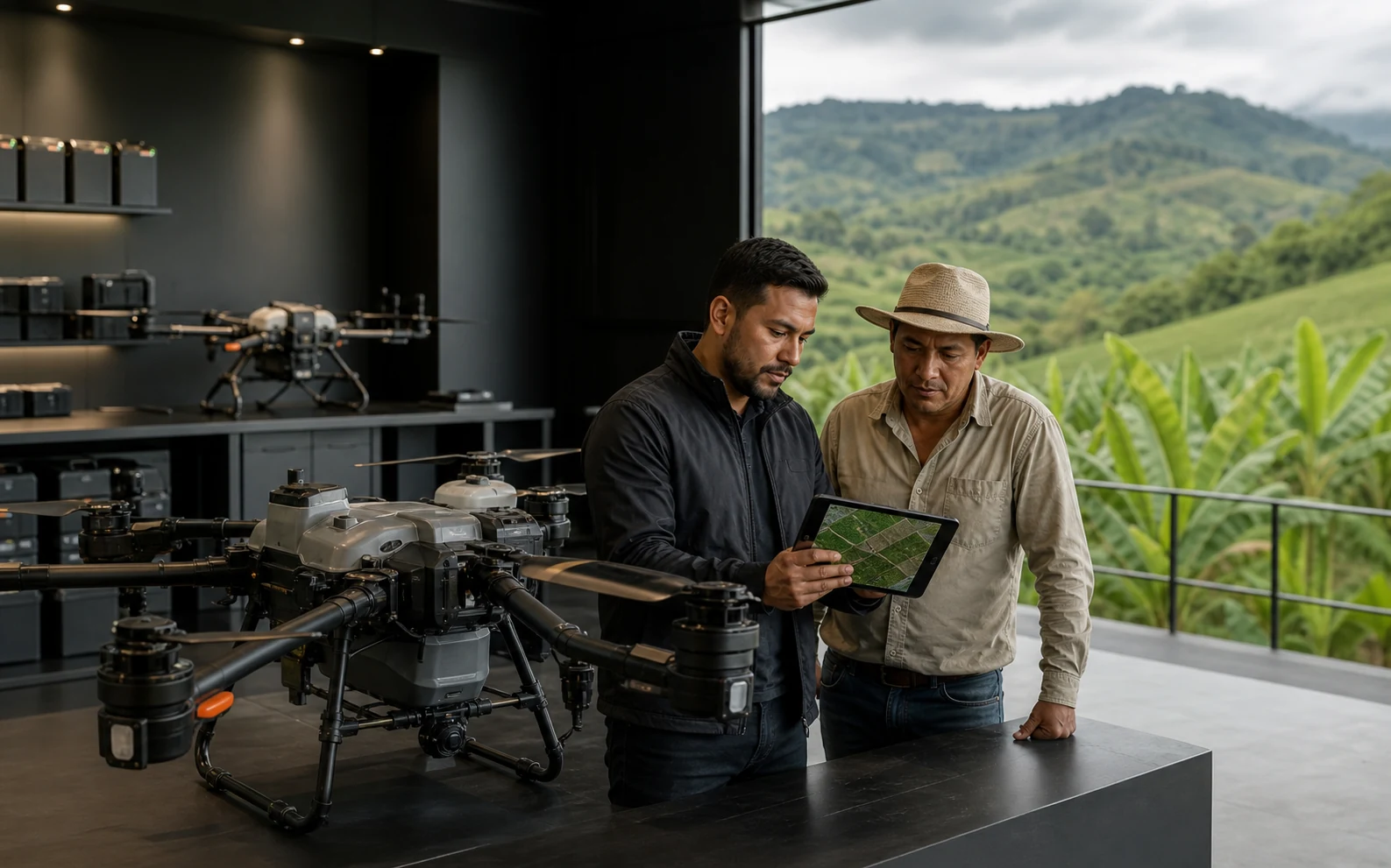 Asesor técnico y agricultor comparando una operación antes de elegir un dron agrícola