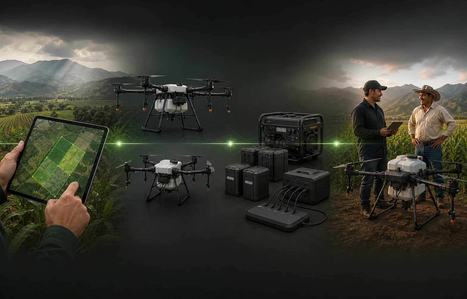 Proceso visual para analizar el lote, comparar drones y elegir la configuración adecuada