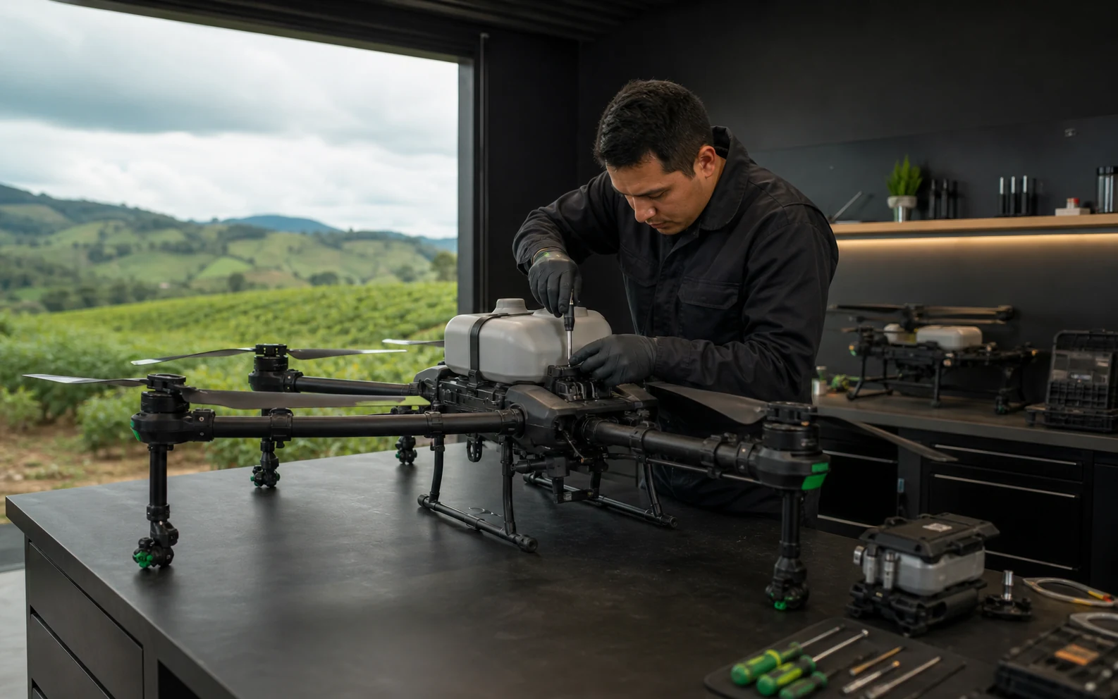 Técnico especializado realizando mantenimiento a un dron agrícola en laboratorio